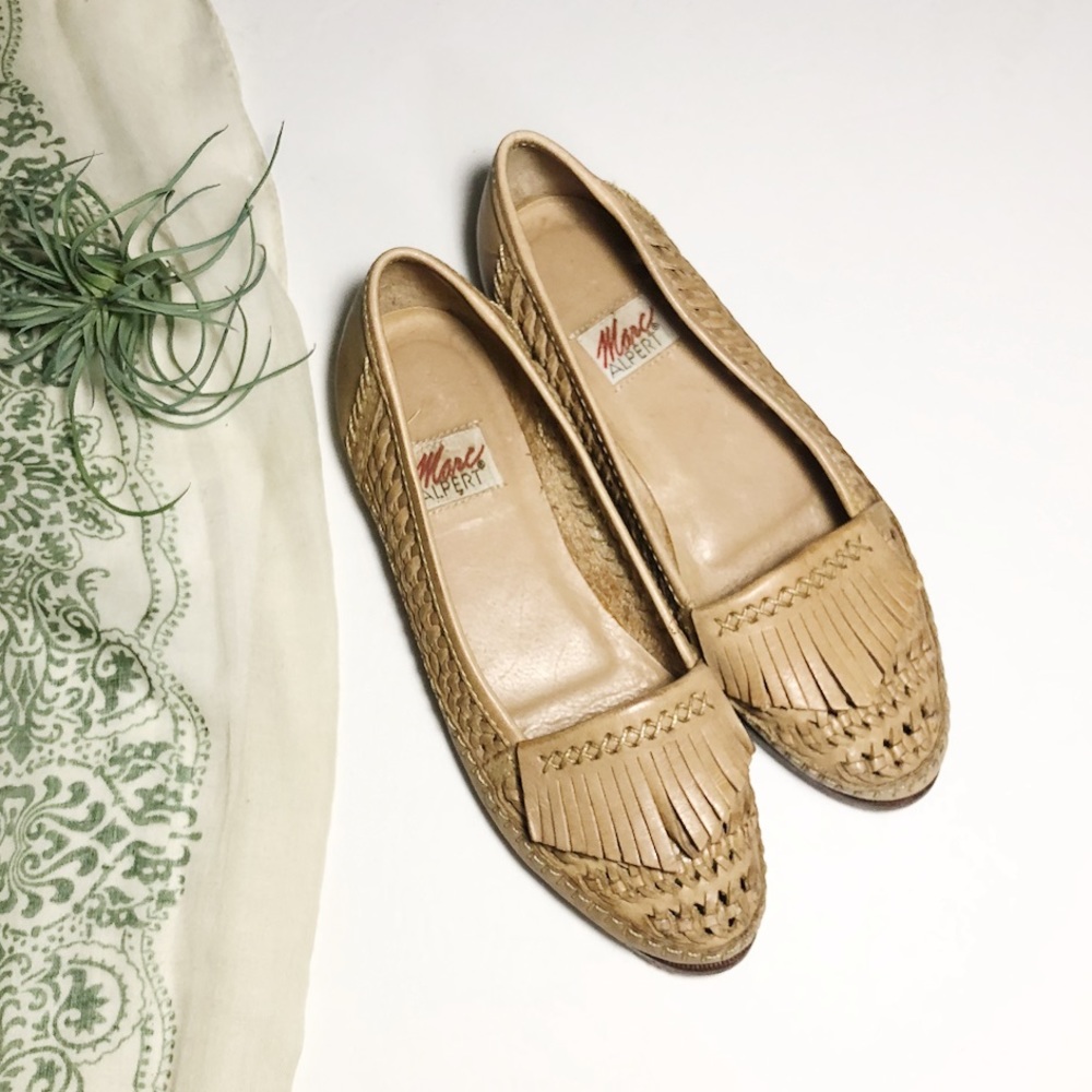 Vtg Marc Alpert Woven Leather Fringe Slip on Flats - Picture 1 of 8